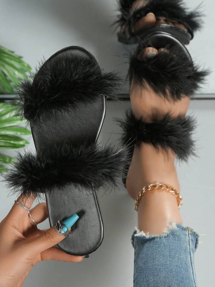 Black feather flat sandals shop
