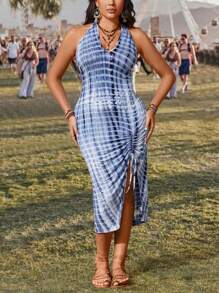 SHEIN VCAY Plus Size Tie Dye Halter Neck Vacation Dress