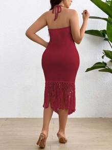 Franclia Plus Size Sleeveless Fringed Solid Color Slim Fit Halter Neck Fashion Dress