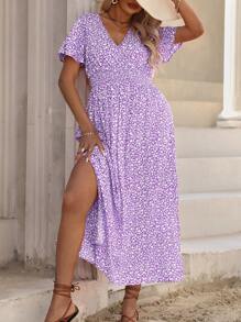 Ceyna 大码女式花卉印花蝙蝠袖腰褶皱短裙长款女式服装 - 紫色 - 查看 4