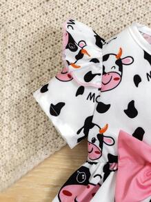 2 Pezzi Set Abito Maniche Corte Carine Con Motivo A Mucca Cartoon E Fasce Per Capelli E Fiocco Abbinato Per Bambine, Abiti Estivi