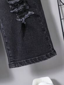 SHEIN Shorts de mezclilla desgastados para niño preadolescente con estiloso contraste de colores para el verano - Negro - Ver 5