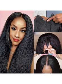 Kinky Straight U Part Wig 22 Inch U Part Yaki Straight Synthetic Hair Wig For Women Daily Use Glueless Full Machine Made Wigs - Black - View 3