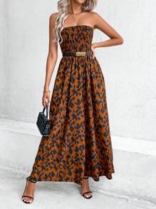 SHEIN VCAY Allover Print Shirred Tube Jumpsuit - Brown - View 4
