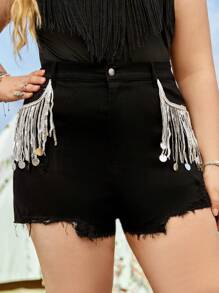 SHEIN CURVE+ Plus Size Stretch Water-Washed Cutout Neckline Sequined Fringed Denim Shorts - Black - View 1