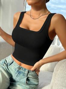 SHEIN EZwear Solid Color Slim Fit Crop Top - Black - View 4