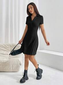 SHEIN EZwear 女士純色短袖polo衫裙 - 黑色 - 查看 4