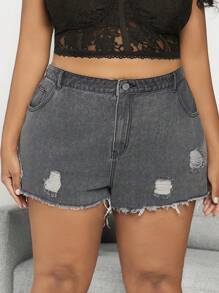 SHEIN CURVE+ سروال جينز قصير منسوج من الحافة المزينة بالشرابات الرمادي للنساء بمقاس زائد