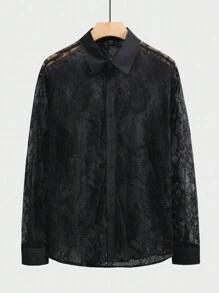 Manfinity AFTRDRK Men's Long Sleeve Lace Shirt , Baggy Button Up See Through Plain Sexy Boyfriend Gift - Black - View 3