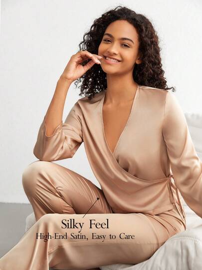 Ocili Leisure Solid Color Wrap Style Long Pajama Set