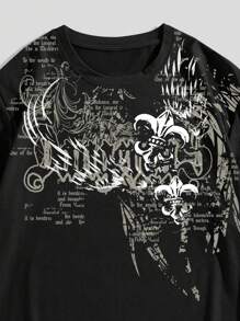 ROMWE MEN Goth 男式字母印花圆领短袖T恤，学校风，2000年代风格 - 黑色 - 查看 3