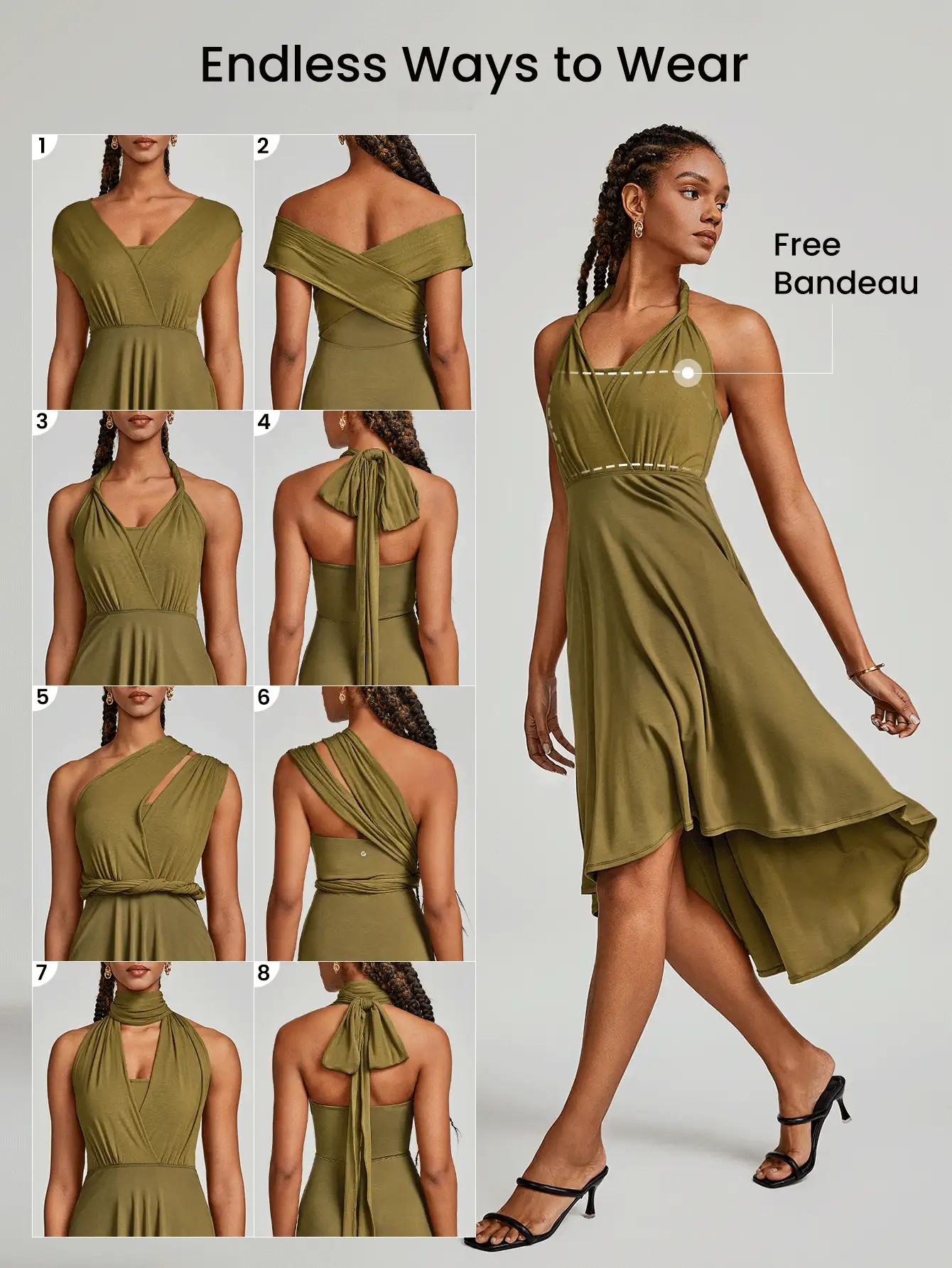 GLOWMODE Modal Infinity Dress Just Flow Pocket Ribbon High-Low Light Support Low Impact Daily Casual Travel Summer Dance Quick Dry Moisture Wicking - Olive Green - View 2
