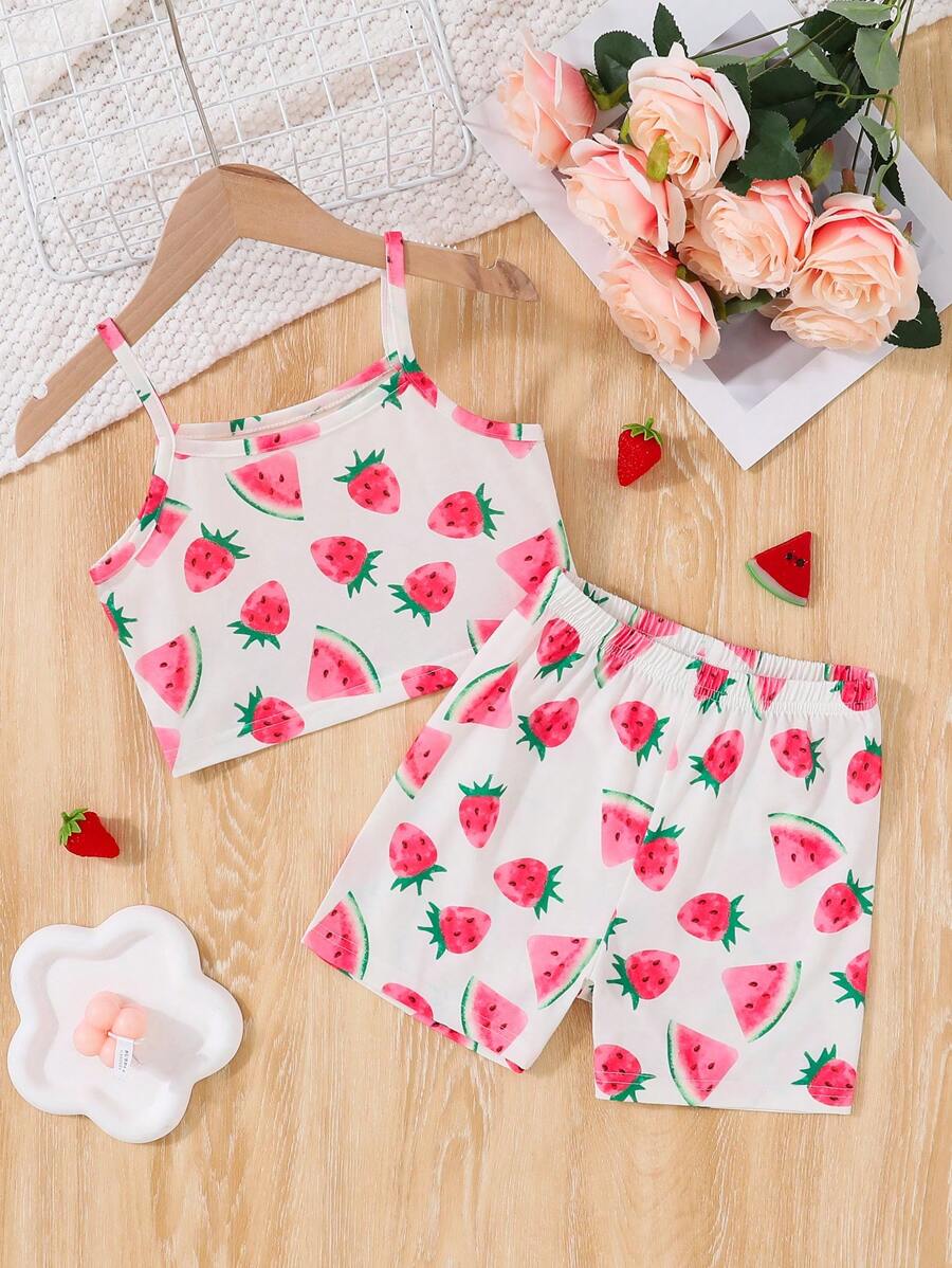 SHEIN Conjunto de 2 piezas de moda hogareña para niña joven con top de tanque retardante de llamas con diseño de sandía y shorts - Rosa - Ver 1
