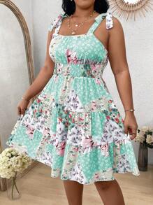 Flirla Rozmiar Plus Damski Kwiatowy Nadrukowany Talia Wiązanie Paskowany Wakacje Sukienki - Wielokolorowe - Zobacz 1