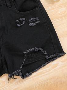 SHEIN مجموعة فتيات المراهقات الصيفية الربيعية Boho Trendy المكونة من قطعتين وتتضمن قمم خطوط متناقضة واسعة وشورت جينز ممزق يعاد تدويره مع الحزوز، ملابس صيفية للفتيات