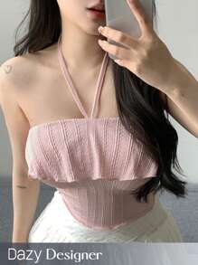 Dazy Designer Của phụ nữ Halterneck Kết cấu Thiết kế Wrapped Màu hồng Áo ba lỗ - Hồng - Xem 1