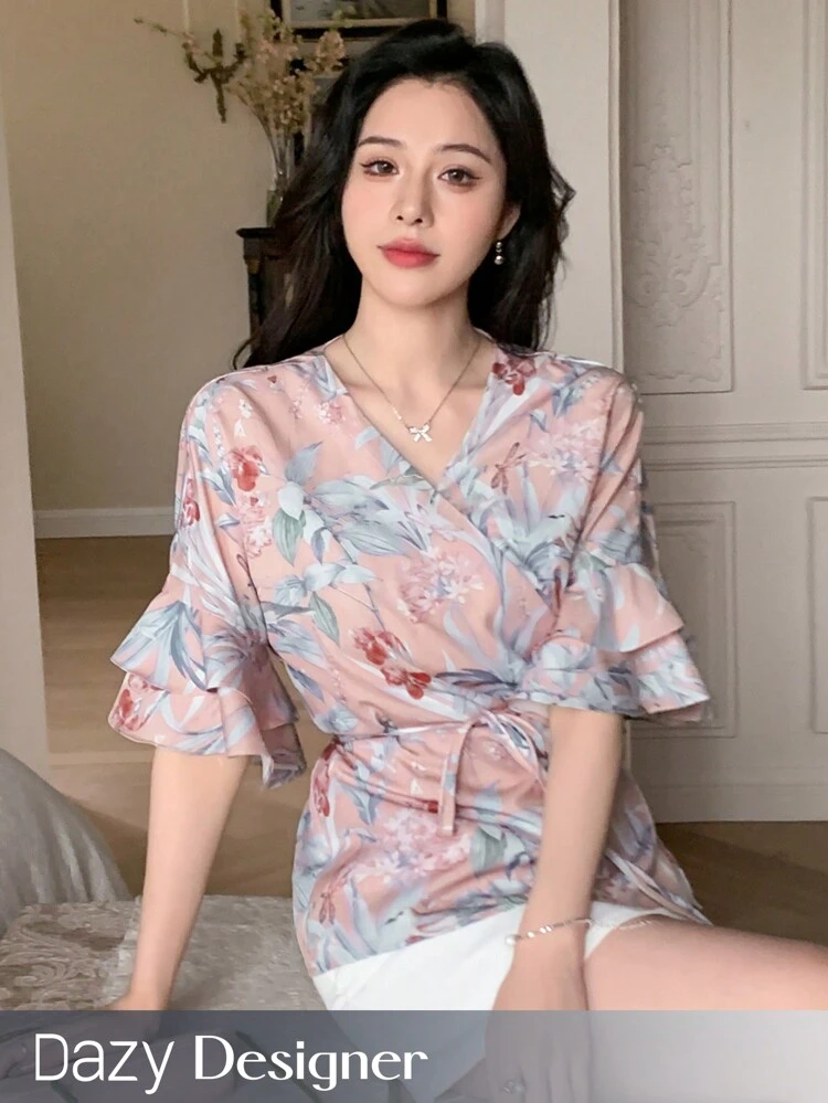 Women's Flower & Plant Printed Wrap Design Blouse With Ruffled Sleeves And Tie Waist Vacation Outfits Women Floral Boho