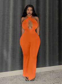 Slaydiva Mono De Talle Grande Cruzado Con Tirantes Halter Cuello, Espalda Abierta Y Piernas Acampanadas - Naranja - Ver 4
