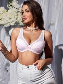 SHEIN 网眼对比和花卉印花文胸，内衣 - 粉色 - 查看 5