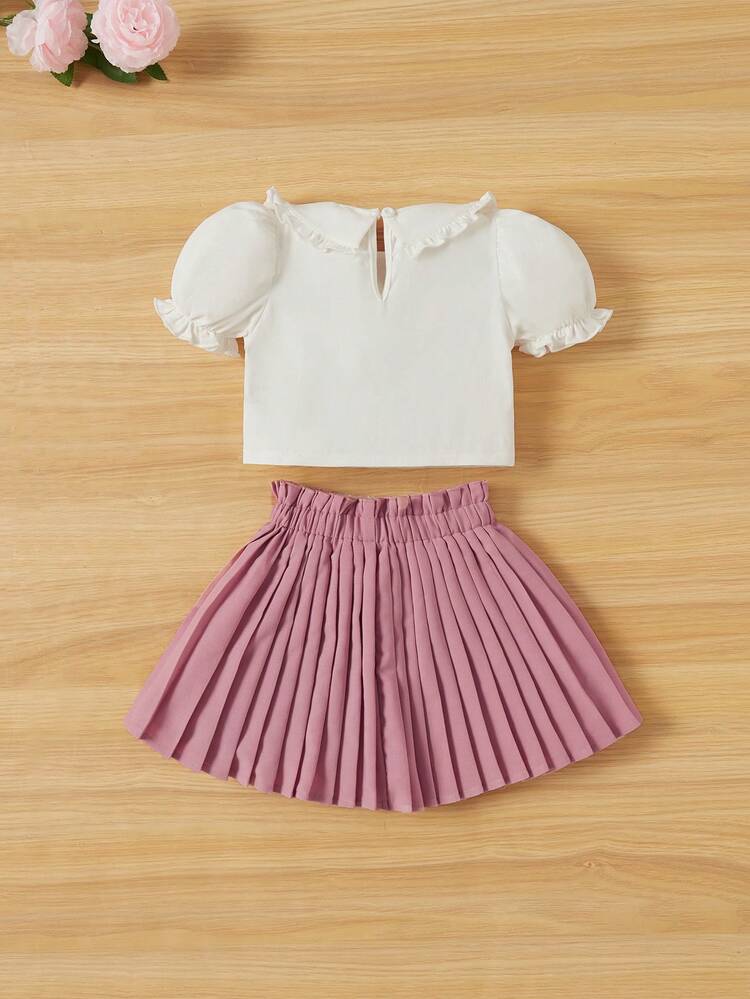 Baby Girl Summer Adorable Knitted Floral Pattern Peter Pan Collar Short Sleeve Top & Solid Pleated Skirt Set