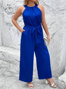 Celure Plus Size Solid Color Pleated Wide-Leg Jumpsuit With Slanted Pockets - Royal Blue - View 1