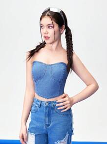 (Chica adolescente) Top sin tirantes de mezclilla con nuevos diseños casuales y de moda - Azul lavado medio - Ver 4