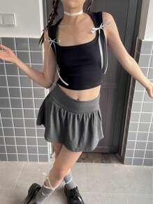 SHEINNeu Débardeur et jupe casual d'été en deux pièces pour femmes, style kawaii balletcore avec nœud ruban. Tenue de sortie d'été - Multicolore - Voir 7
