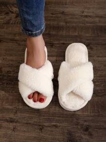 Fall/Winter Fluffy Women's Indoor Slippers, Cross Band Fur Slides, Silent Outsole