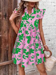 SHEIN LUNE Women's Vacation Style Floral Print Cap Sleeve V-Neck Dress - Baby Pink - View 5