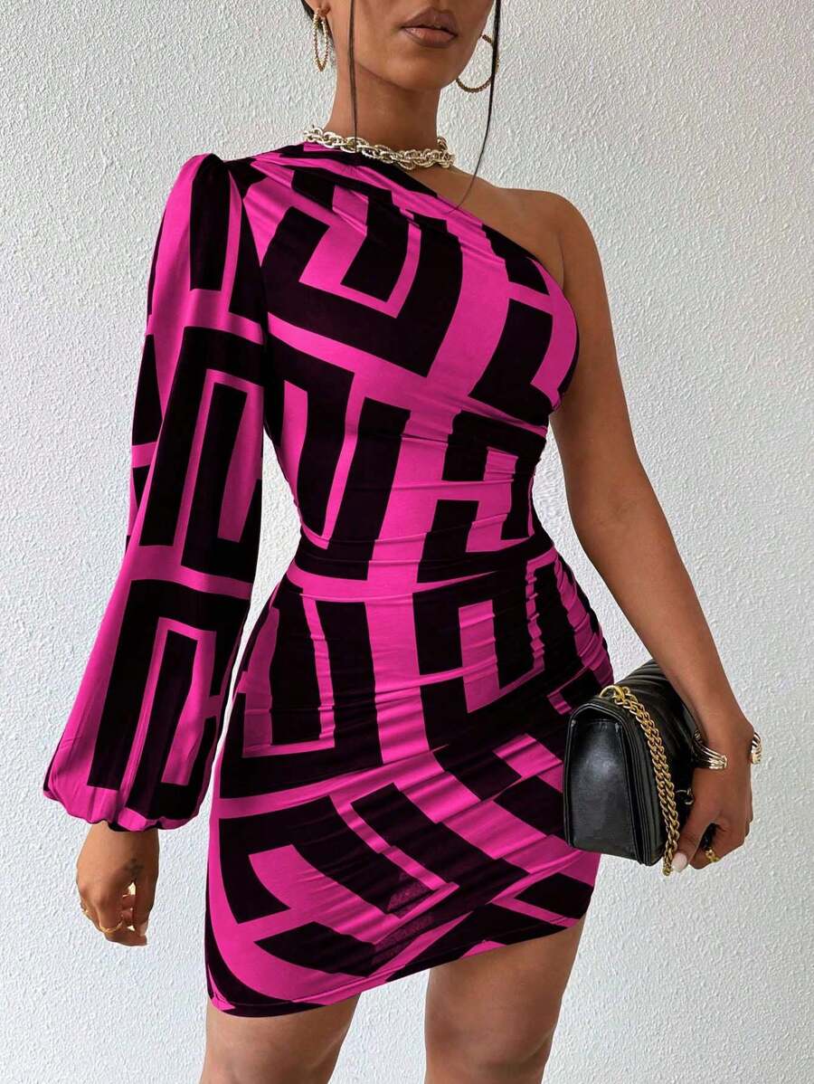 VaVaBold Vestido ajustado de un solo hombro con estampado geométrico - Rosa Fucsia - Ver 1