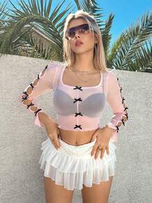 SHEIN Sweetina Cổ áo vuông Nơ Trang trí Cắt ra Nhìn xuyên qua Top Cây trồng - Hồng - Xem 4