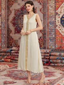 Al Najma 女款花卉刺繡燈籠袖長外套和拼接腰帶細節無袖裙套裝 - 霧霾藍 - 查看 5