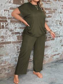 SHEIN LUNE Bộ đồ hai mảnh cổ tròn tay ngắn có dây rút bên hông dành cho nữ cỡ lớn và quần - xanh quân đội - Xem 5