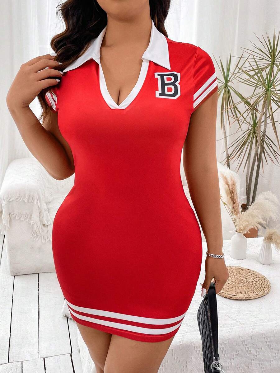 Flirla Kích thước lớn Của phụ nữ Váy bodycon Với In thư Và Khối màu Sọc - Đỏ - Xem 1