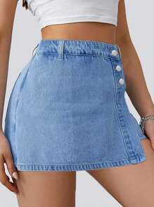 Women's Versatile Button Decor 2 In 1 Shorts, Summer Casual - Light Wash - View 7