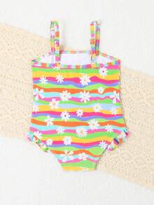Baby Girl Ruffle Trim Wave Striped Halter Swimsuit - Multicolor - View 2