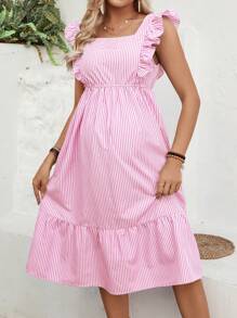 SHEIN Cap Sleeve Blue And White Stripes Nursing Dress For Maternity