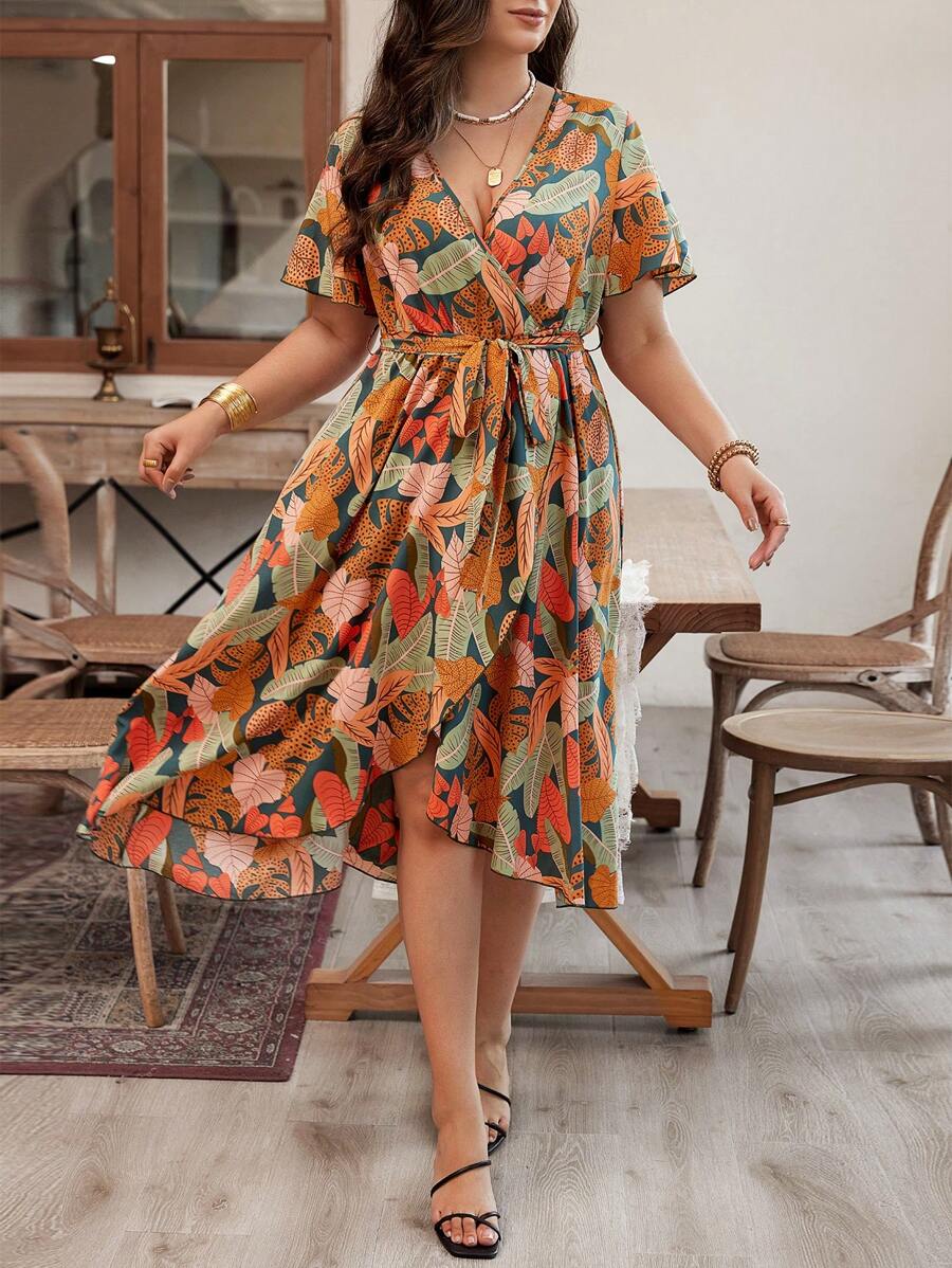 SHEIN Holidaya Vestido envolvente de talla grande con estampado de hojas, conjunto de vestir de mujer largo - Multicolor - Ver 1