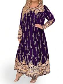 SHEIN Clasi 大尺碼女士植物圖案長裙,休閒印花設計 - 紫色 - 查看 3