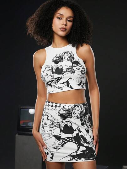 DC Women Core X SHEIN Cartoon Figure Graphic Crop Tank Top & Skirt Set