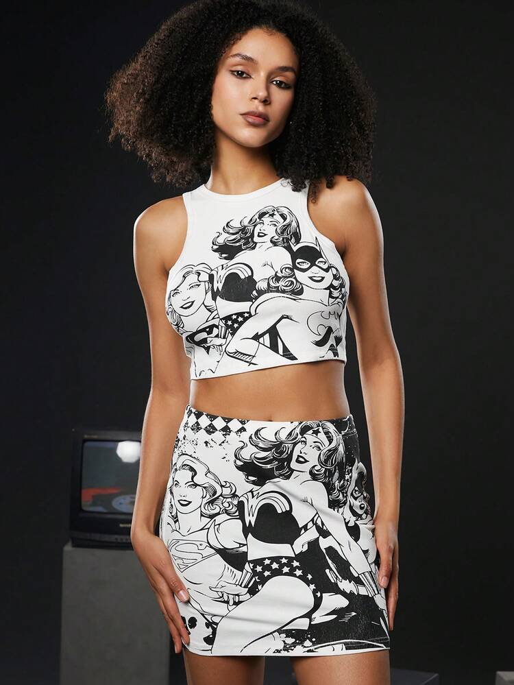 Cartoon Figure Graphic Crop Tank Top & Skirt Set