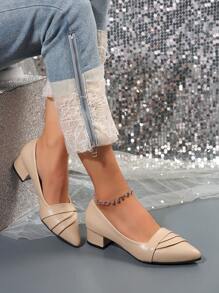 Women High Heel Shoes, Pointed Toe Ruched Mid Heel Slip-On Dress Pumps, Comfortable Versatile Black High Heels - Apricot - View 2