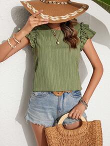 SHEIN VCAY Camisa Sólida De Color Para Mujer Con Diseño De Textura Y Adornos De Volantes, Estilo Casual - Verde - Ver 6