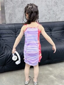 Young Girls' Tie-Dye Pleated Drawstring Strap Dress - Multicolor - View 2