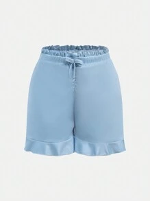 少女簡約休閒可愛荷葉邊背心上衣和短褲套裝 - 淺藍色 - 查看 4