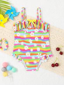 Baby Girl Ruffle Trim Wave Striped Halter Swimsuit - Multicolor - View 1