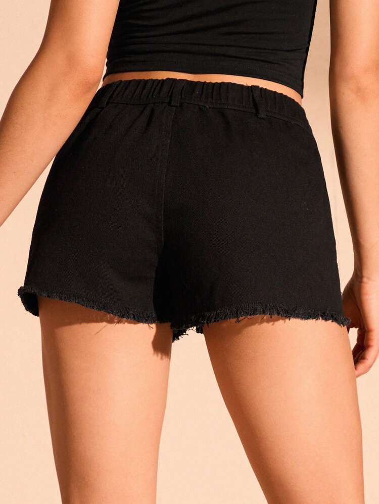 Embroidery Detail Frayed Edges Washed Casual Shorts