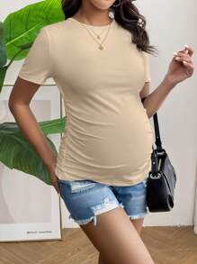 SHEIN 孕妇休闲纯色褶皱修身 T 恤 - 杏色 - 查看 5