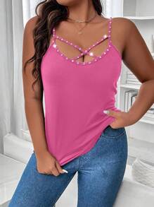 Calvaya Plus Size Diamond Decorated Cross Back Tank Top - Hot Pink - View 3