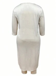 SHEIN LUNE Plus Size Women's Solid Color Round Neck Split Hem Top And Pants Two Pieces Set - Apricot - View 2